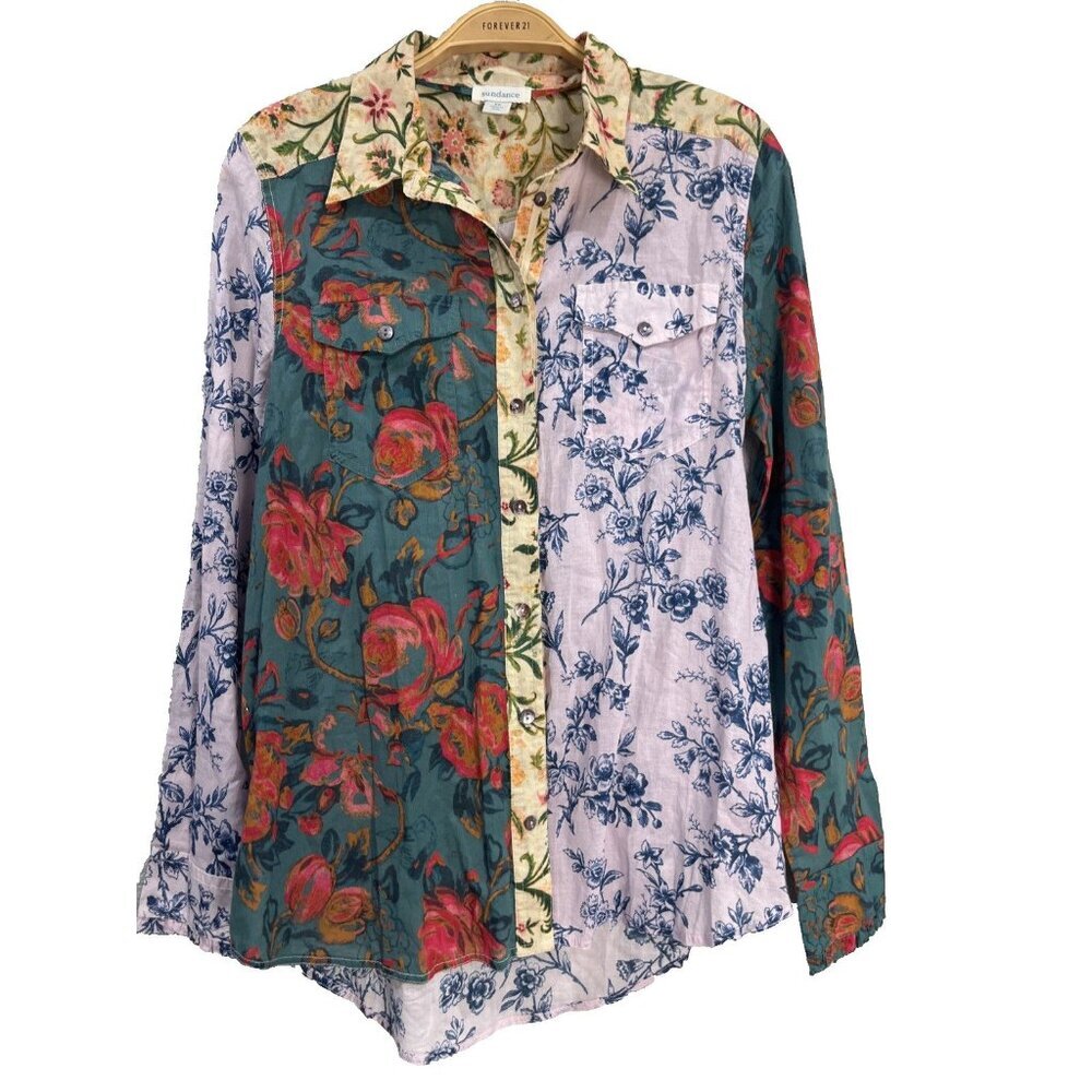 Sundance Womens Floral Patchwork Button Down Shirt XS Boho Cottage Artsy Whimsi